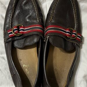 Polo by Ralph Lauren Men’s Brown Leather Slip-On Loafers with Red-Striped Accent